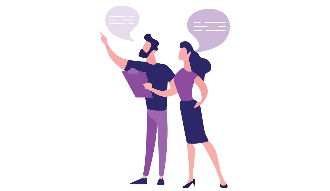 purple illustration of two people talking