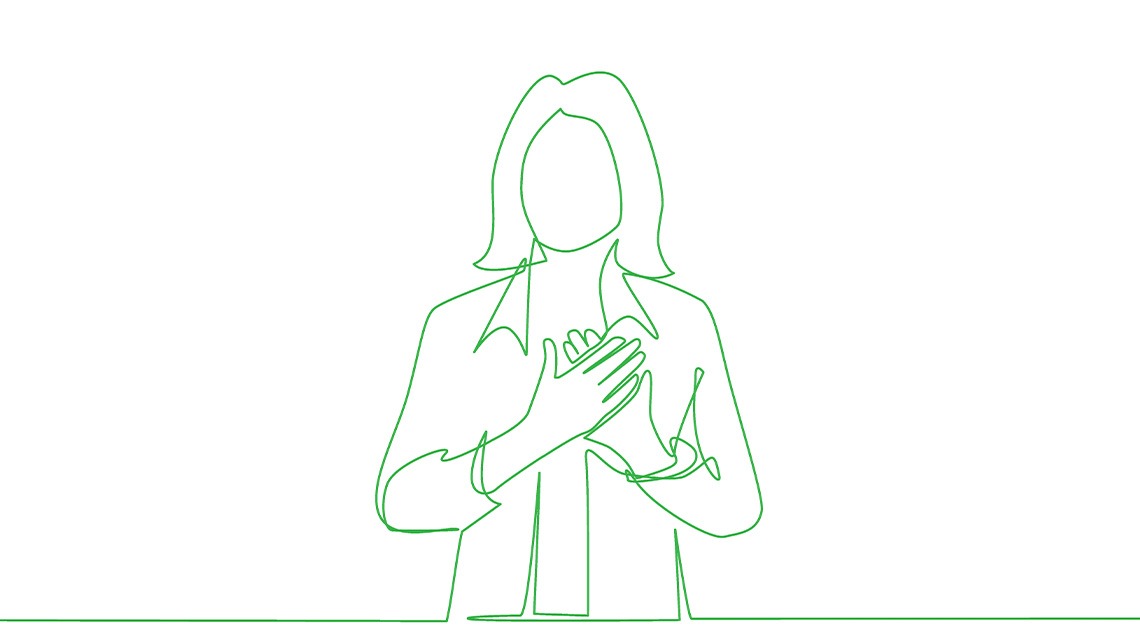 green illustration of woman holding hand over heart