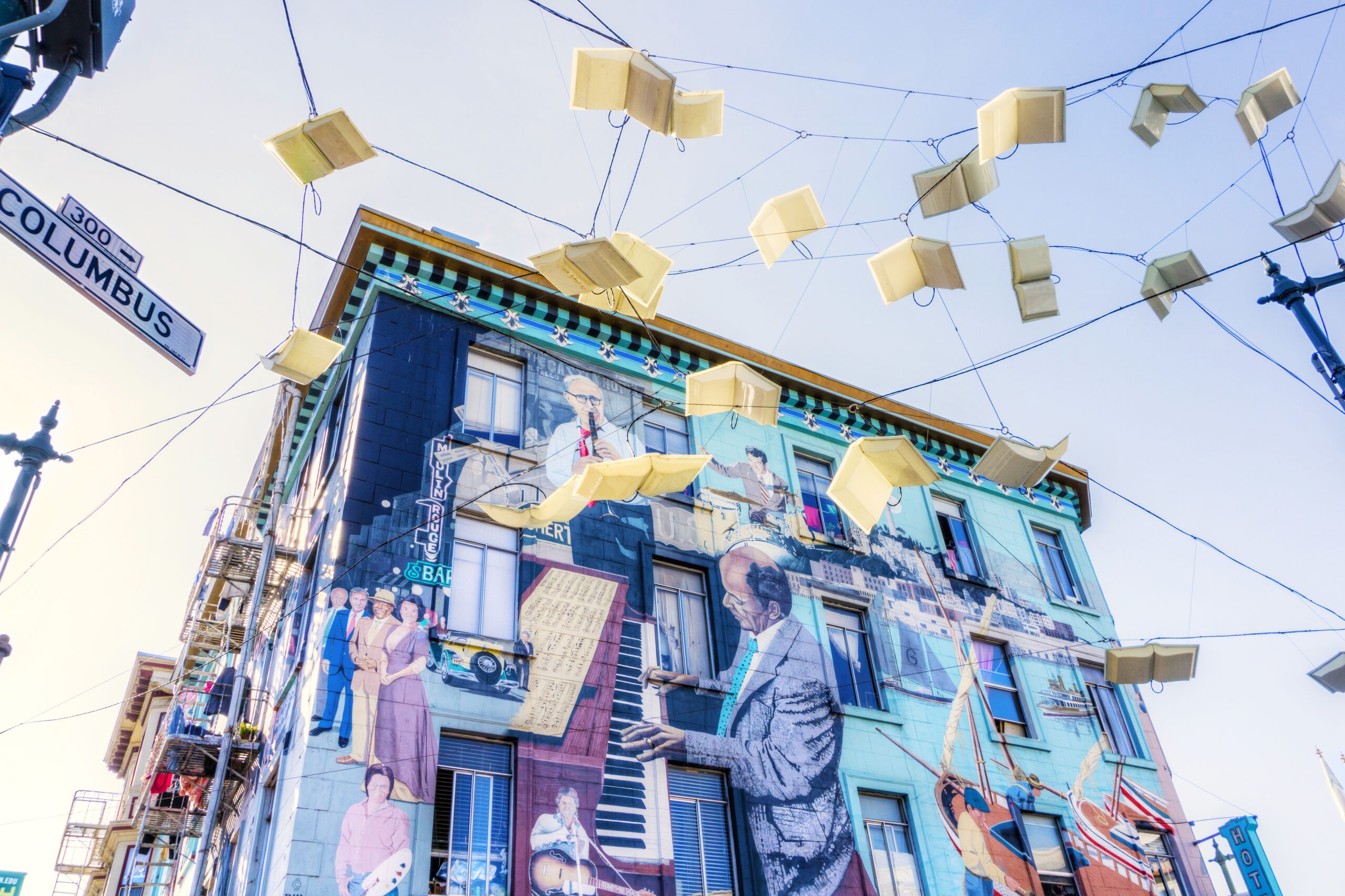 Street lamps in the form of books in North Beach, San Francisco