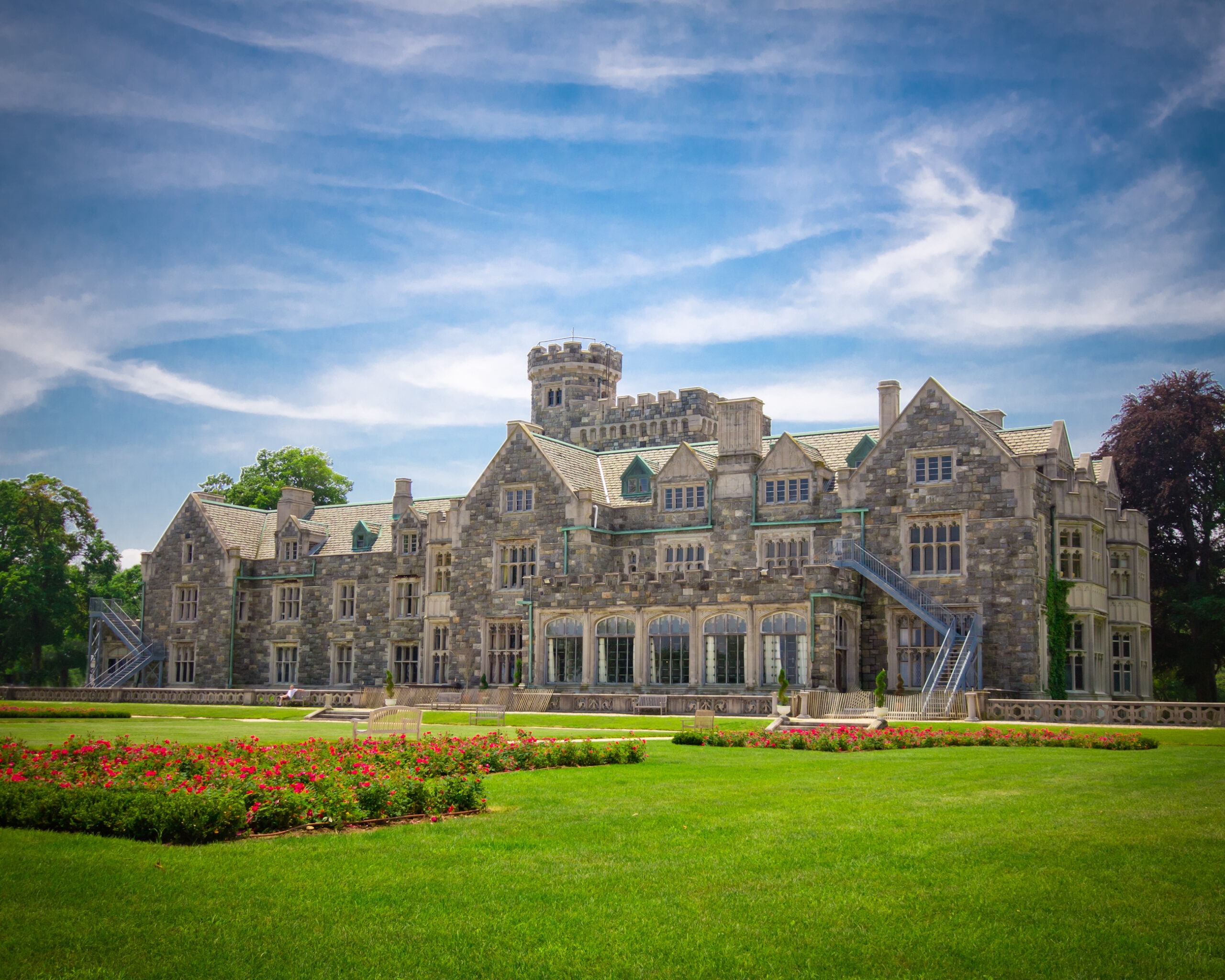 wide shot of large castle-like building