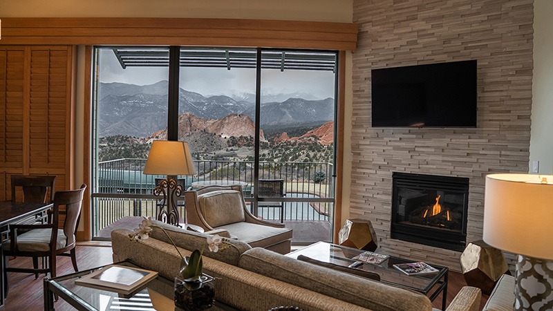 A suite at Garden of the Gods Resort and Club overlooking the Colorado Mountains