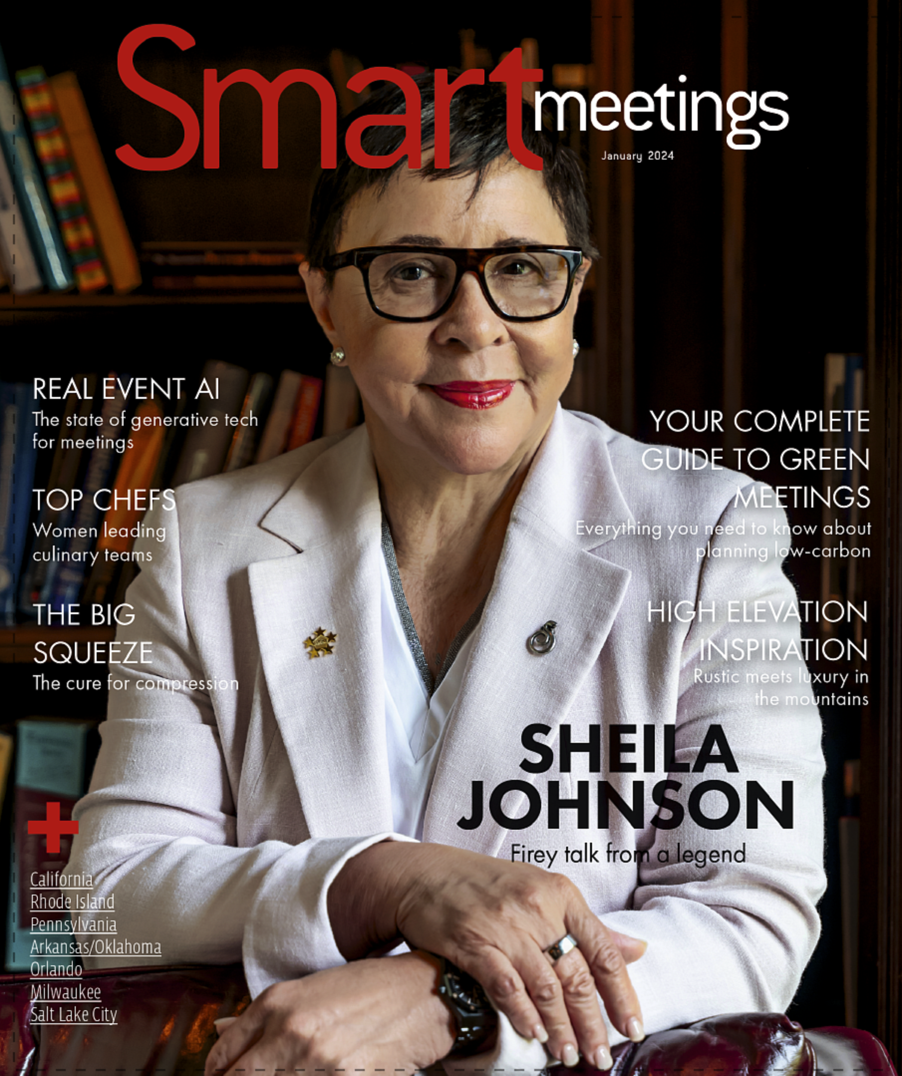 Cover of Smart Meetings January Magazine featuring Sheila Johnson in white jacket in library