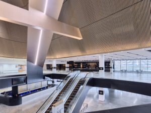 escalators from first to second floor of stadium