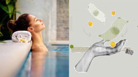two images: women relaxing in pool on left, illustration of money falling into hand on right