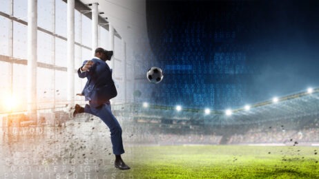 Man and virtual reality soccer match