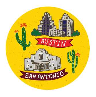 yellow stamp that reads 'san antonio' with the alamo and 'austin' with city landscape