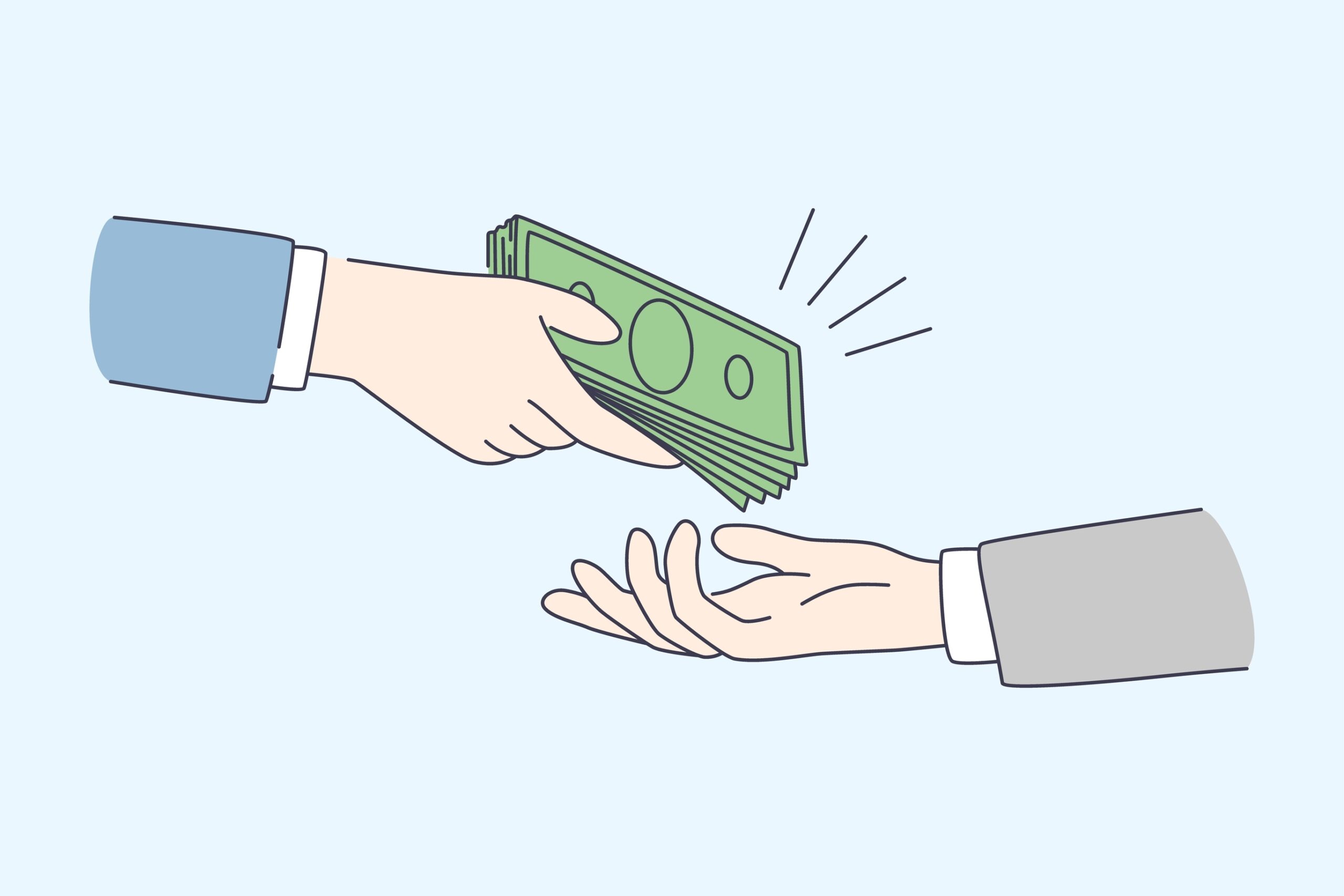 Illustration of human hands giving and taking money on blue background