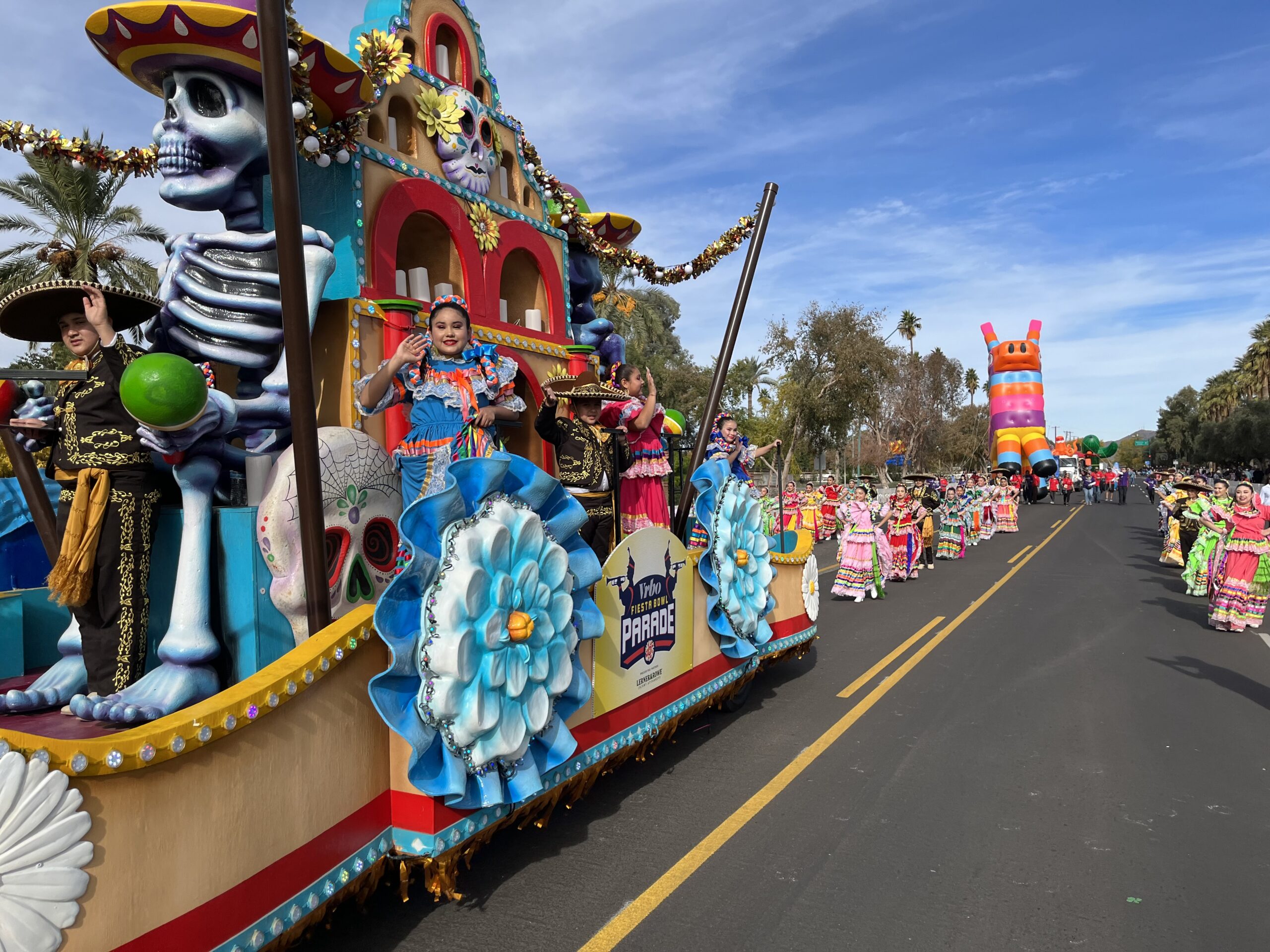 Dia de los Muertos float at 2023 Fiesta Bowl Parade in Phoenix, Arizona