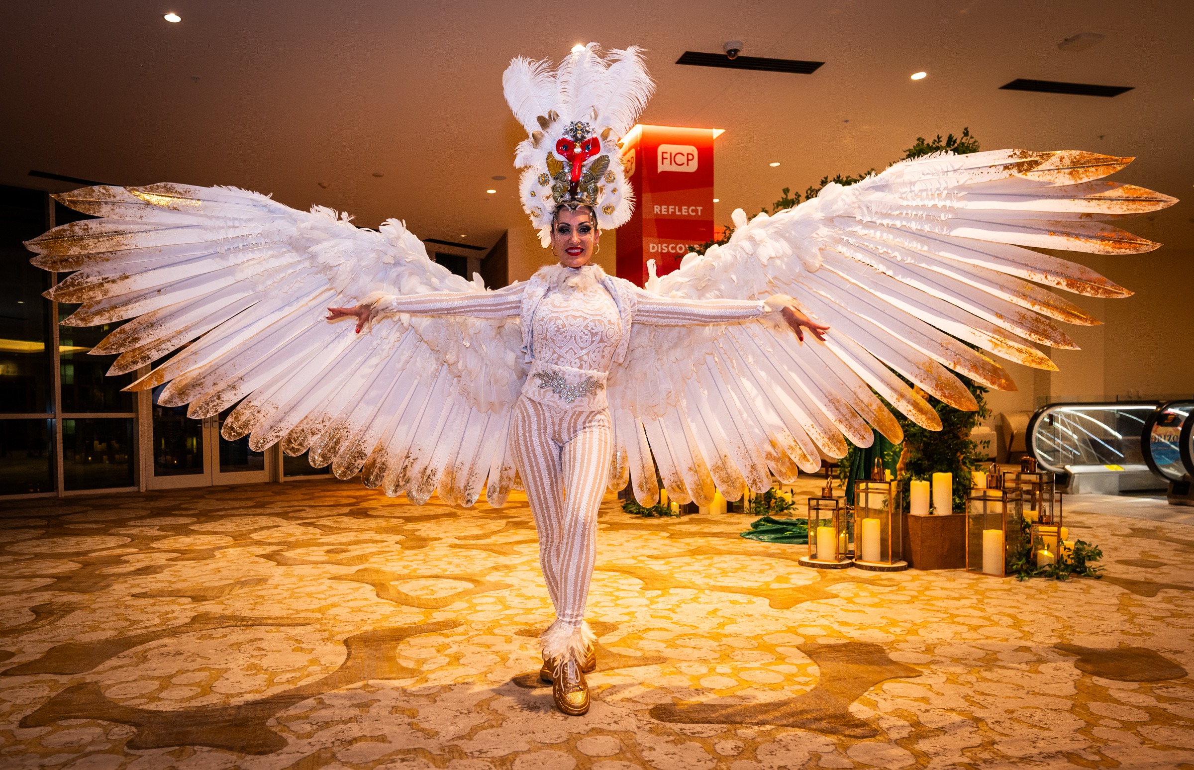 woman dressed as heron at FICP event in Marco Island, Florida