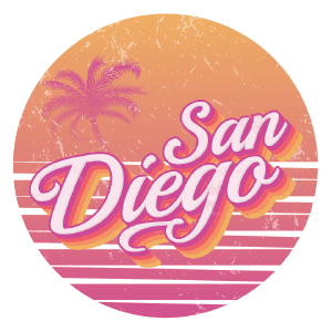 orange and pink image that reads "san diego"