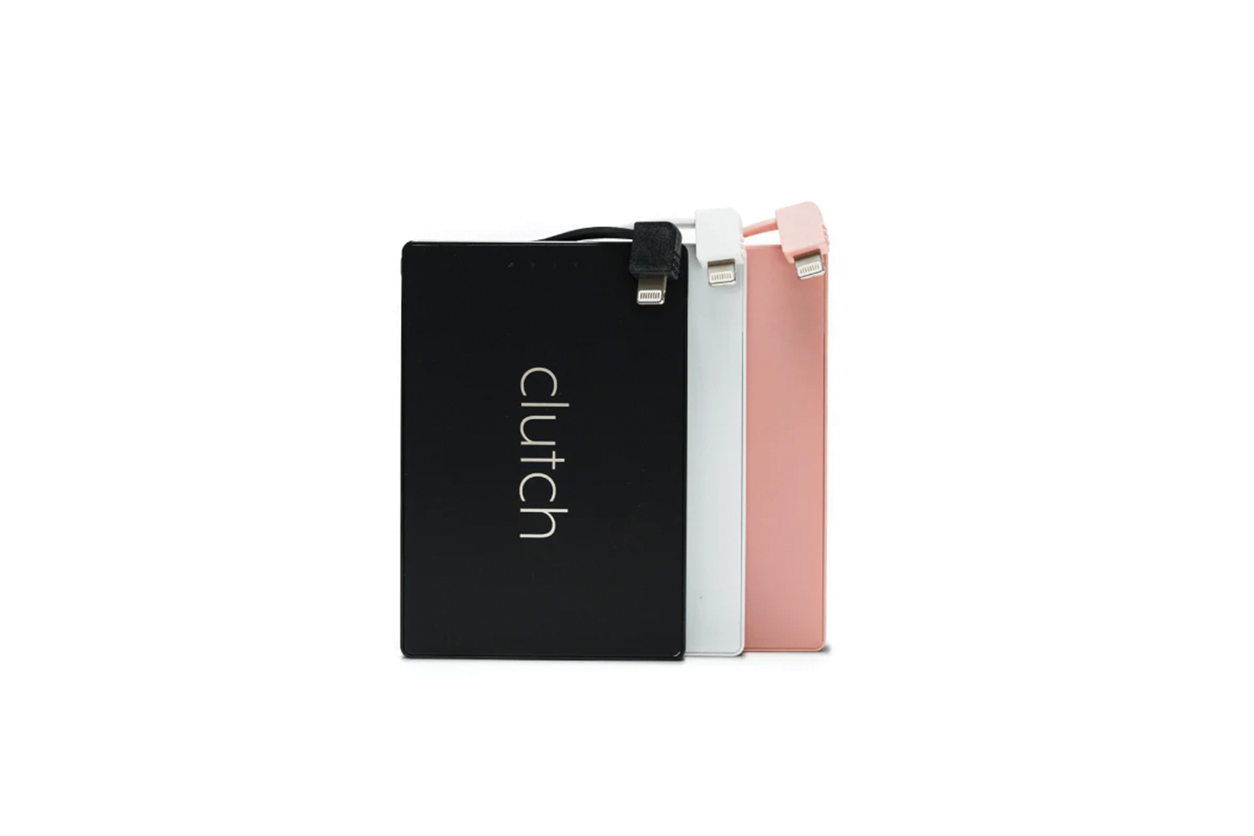 three clutch bags in black, white and pink