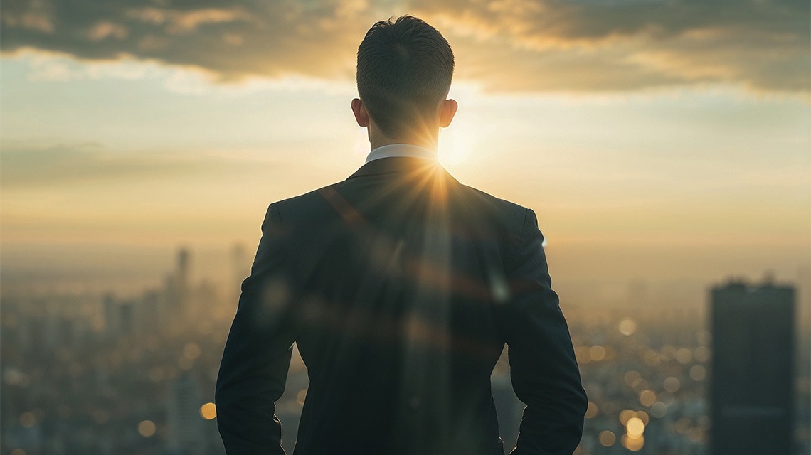 businessman standing in front of sunrise in city