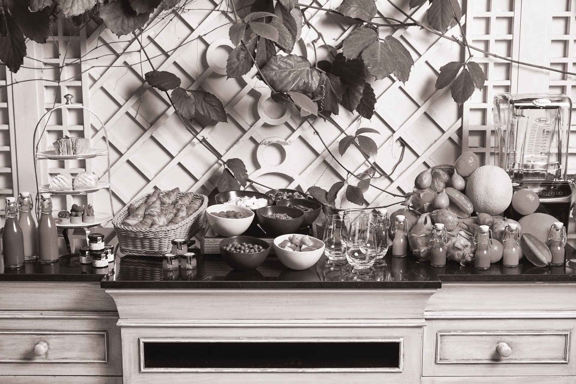 black and white image of food on table