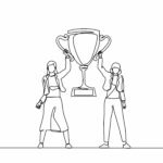 Continuous one line drawing two women holding golden goblet together