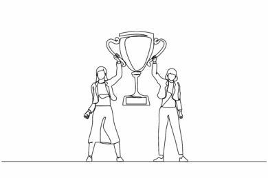 Continuous one line drawing two women holding golden goblet together