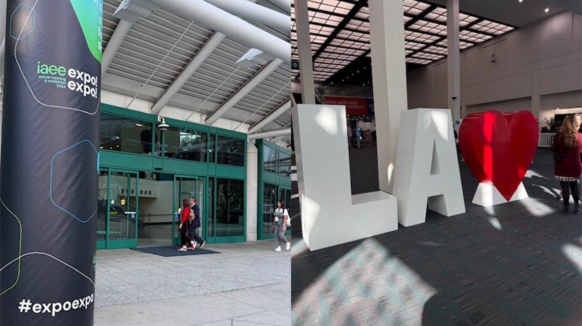 left image: exterior of los angeles convention center with iaee signage, right image: "LA" signage next to red heart