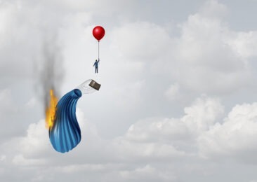 illustration of businessman holding onto balloon from destroyed air balloon