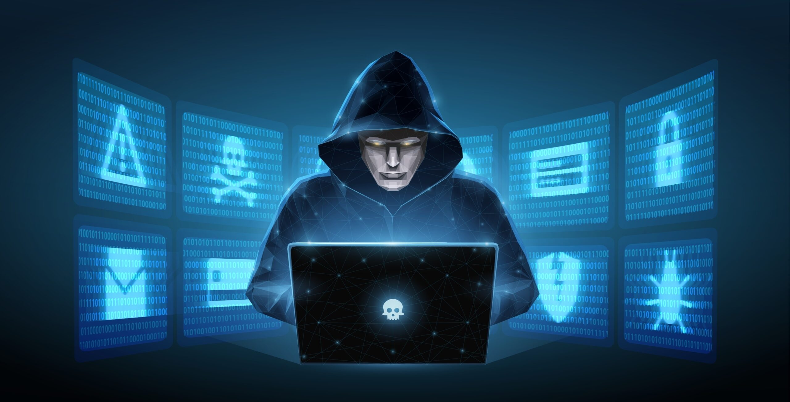 Cyber criminal with laptop and related icons behind it