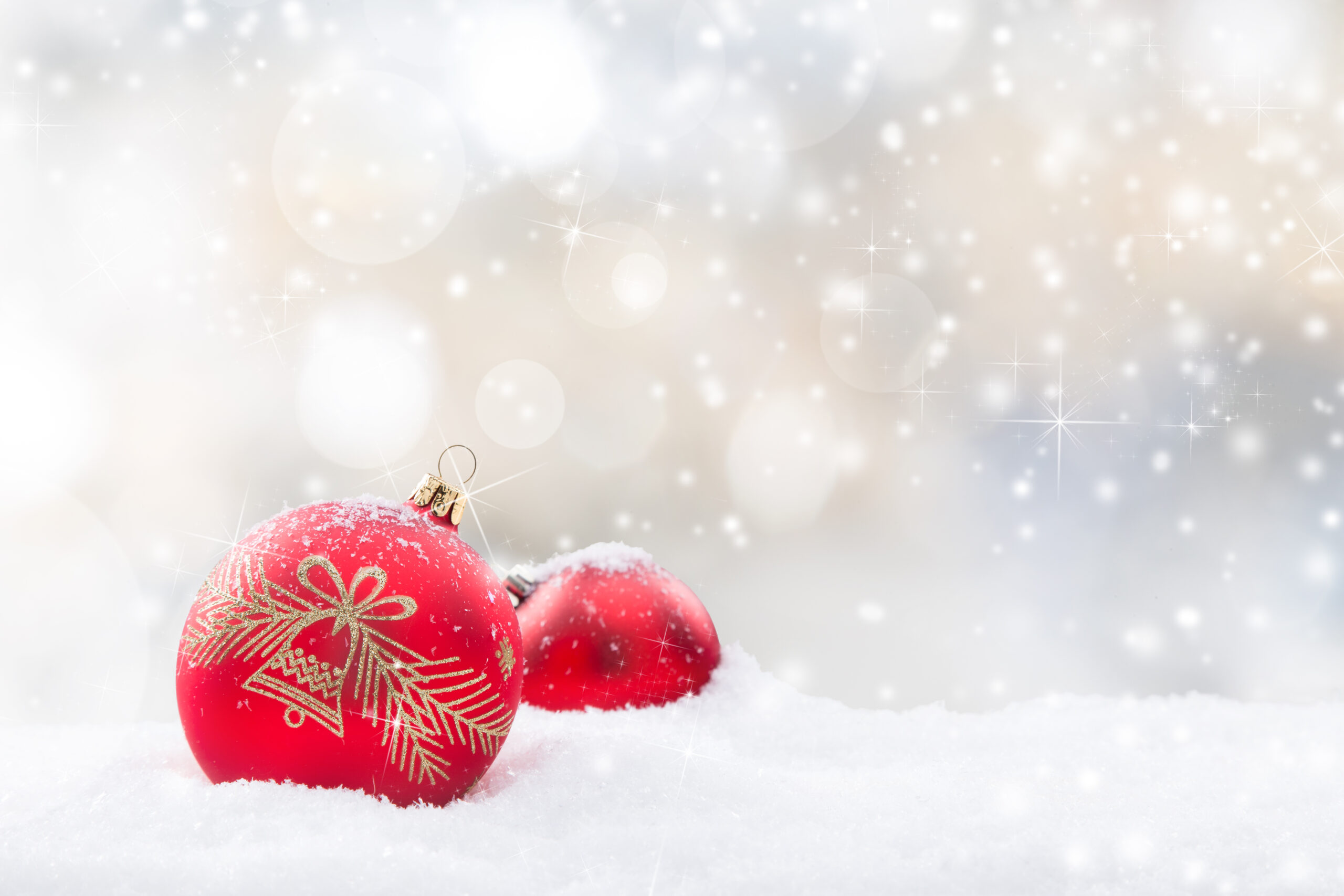 Two red tree ornaments in snow