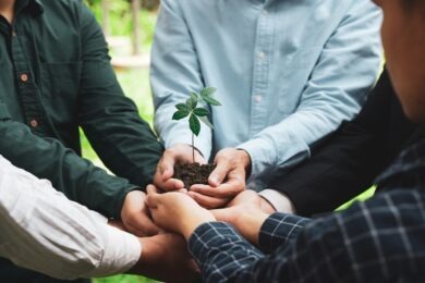 Five businesspeople holding plant