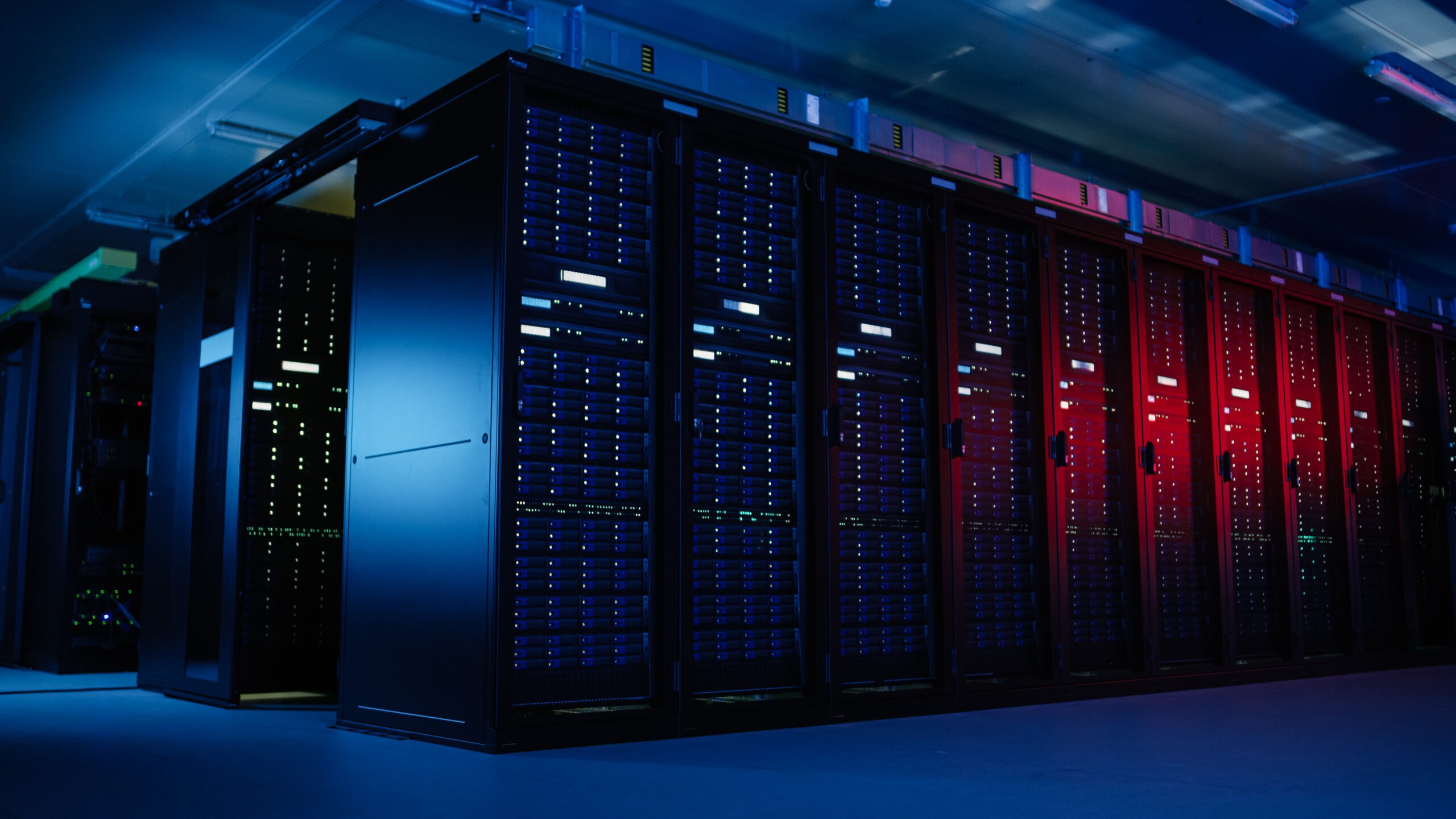 Data center with multiple rows of fully operational servers