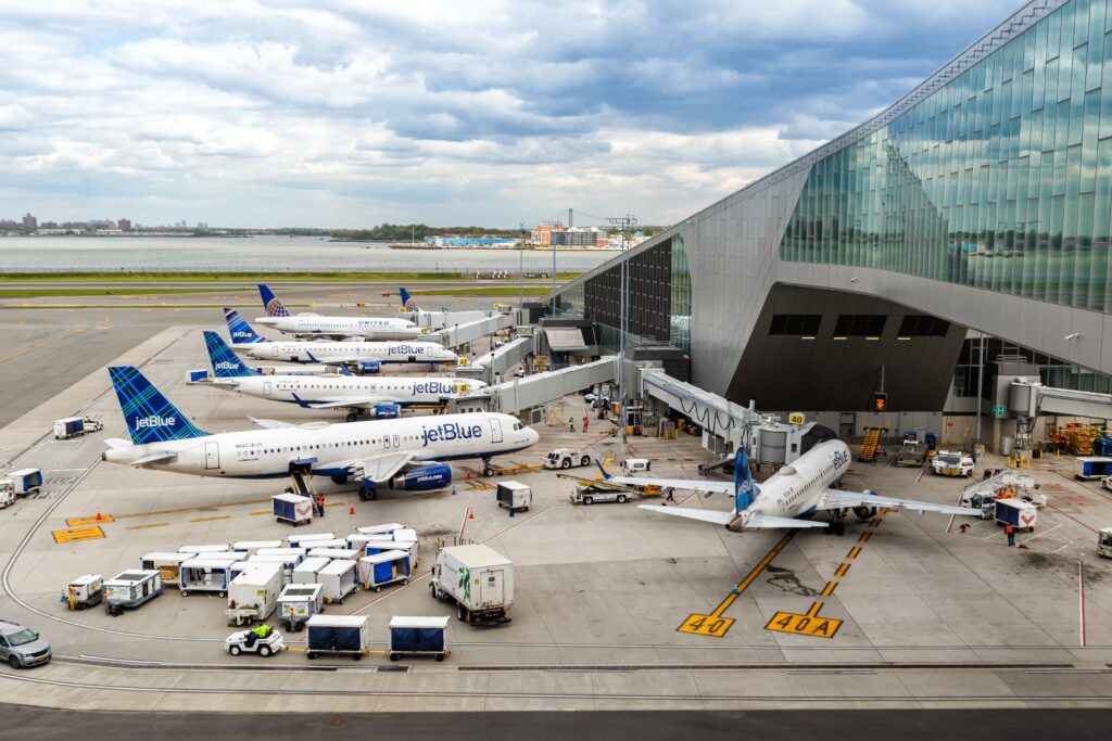 JetBlue airplanes at Terminal B of New York LaGuardia Airport