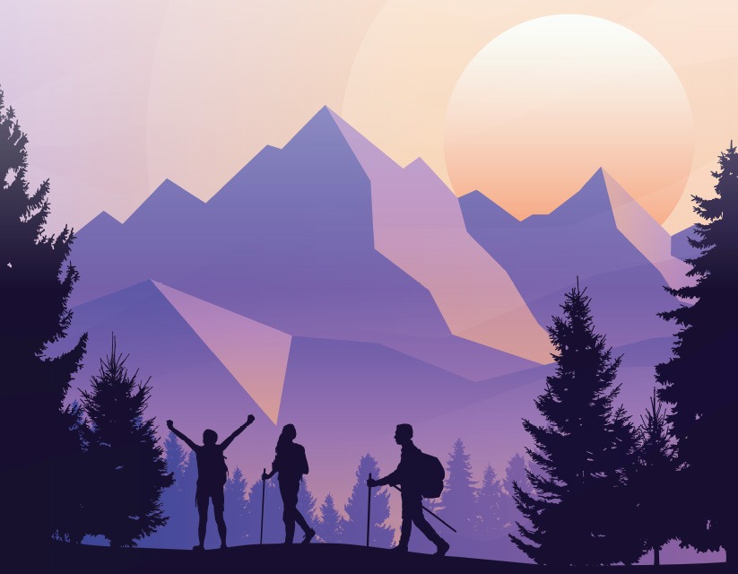 illustration of three people hiking at sunrise