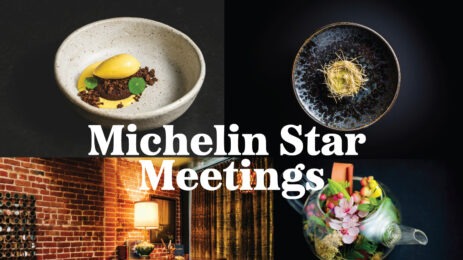 Three plates of food and restaurants behind words "Michelin Star Meetings"