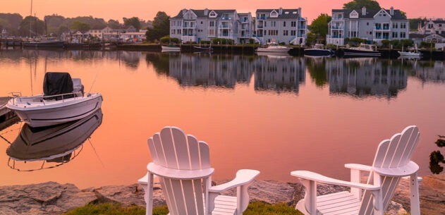 2 Adirondack chairs in the Mystic River marina village in Connecticut