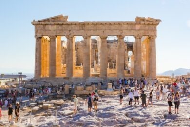 Crowds of tourists at the Parthenon in the acropolis