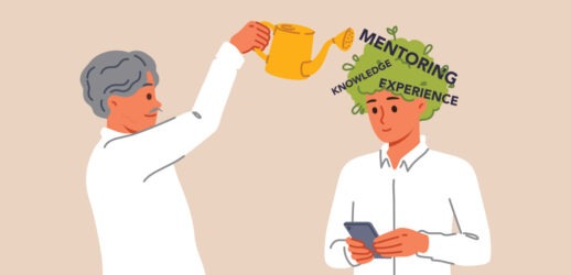 Illustration of person watering knowledge onto someone's head