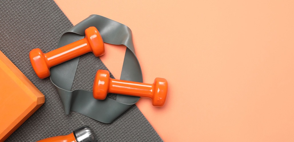 exercise band and orange weights