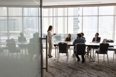 Blurry image of travelers moving up and down elevator